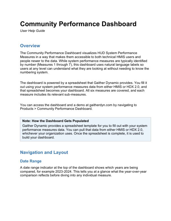 First page of the Community Performance Dashboard help guide